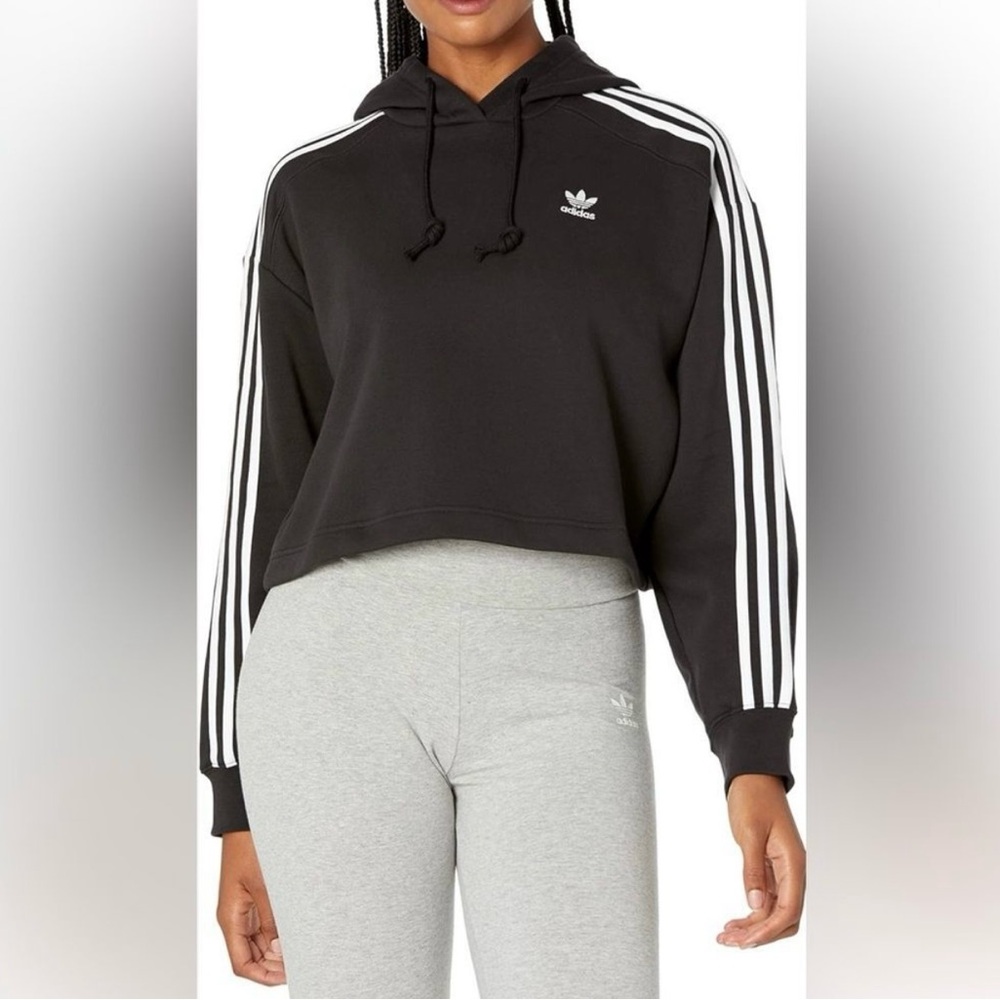 Adidas Women's Cropped Black and White Striped Hoodie